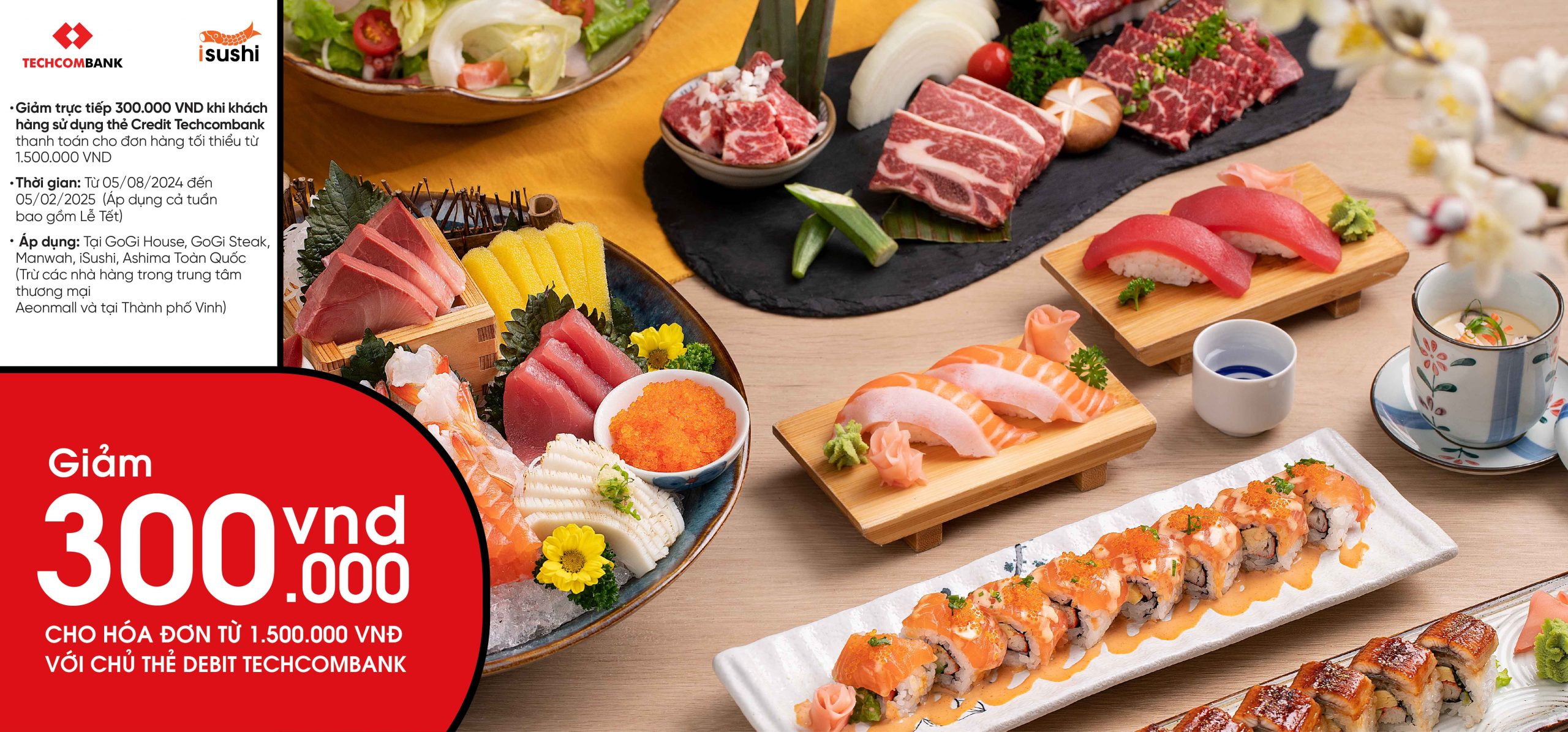 [iSushi] Linh đình tiệc ngon, rước ngay ưu đãi 300.000đ từ Techcombank Credit